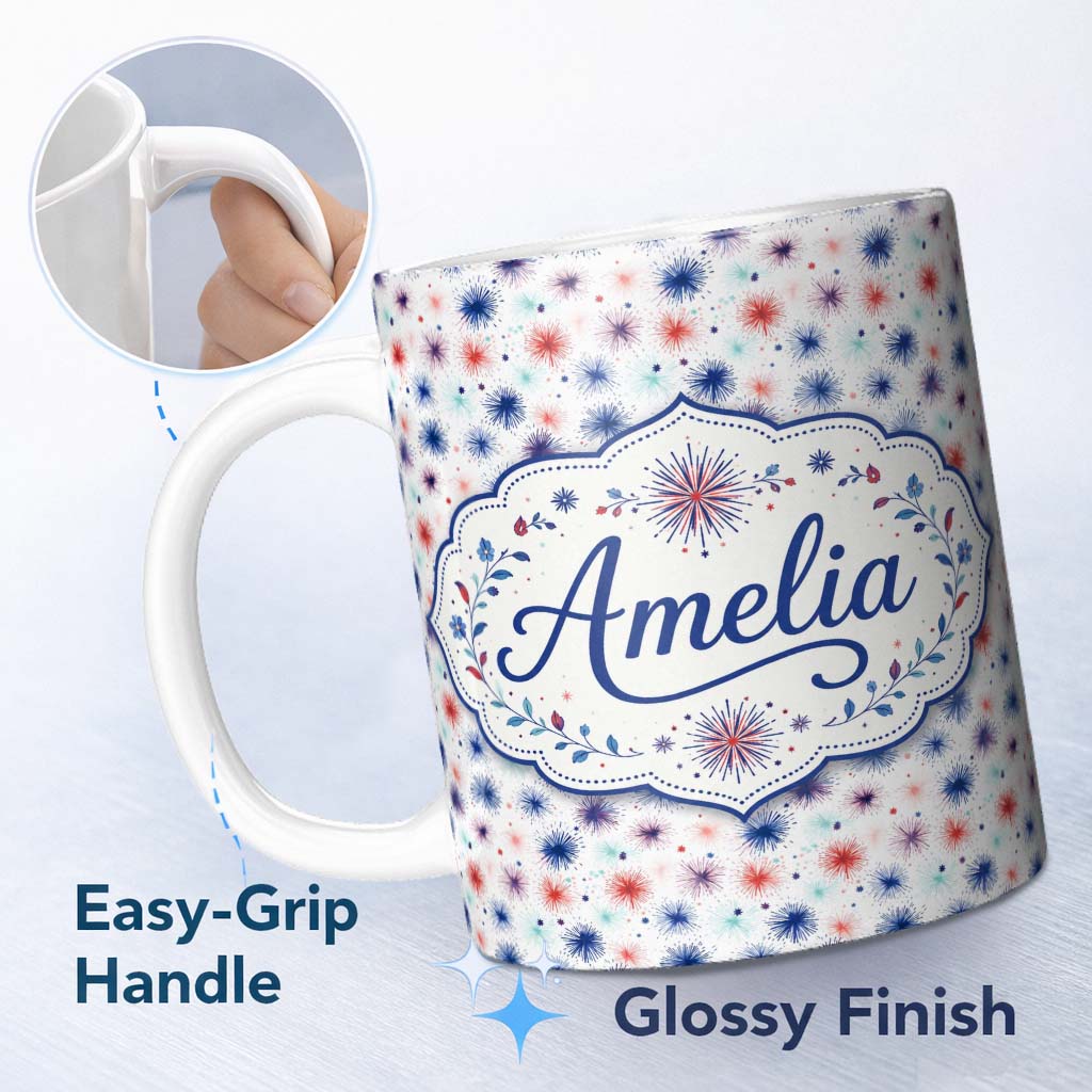 Personalized Custom Name Soft Pastel Firework Sparkle Seamless Pattern Light Festive Design 11oz Ceramic Coffee Tea Mug White Large Handle