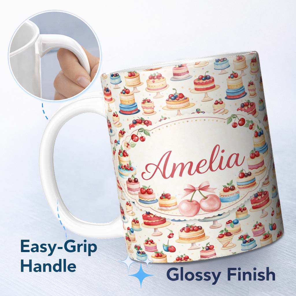 Personalized Custom Name Pink Strawberry Cake Seamless Pattern Cute Dessert Sweet Food Design 11oz Ceramic Coffee Tea Mug White Large Handle