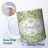 Personalized Custom Name Yellow Garden Flowers Blue Background Seamless Botanical Pattern 11oz Ceramic Coffee Tea Mug White Large Handle
