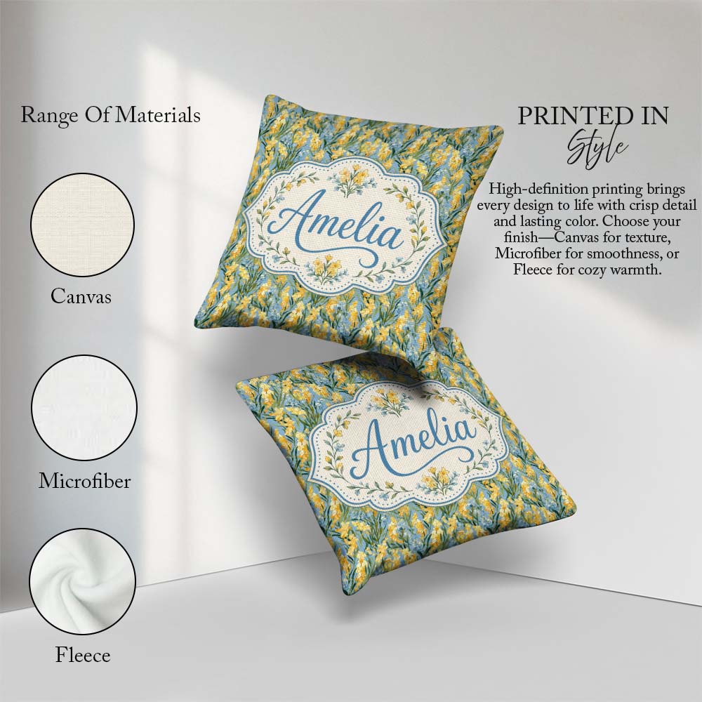 Custom Name Yellow Flowers Background Seamless Botanical Pattern Square Filled Cushion Throw Pillow Sofa Bed Home Decor Zip Washable UK Made