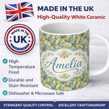 Personalized Custom Name Yellow Garden Flowers Blue Background Seamless Botanical Pattern 11oz Ceramic Coffee Tea Mug White Large Handle