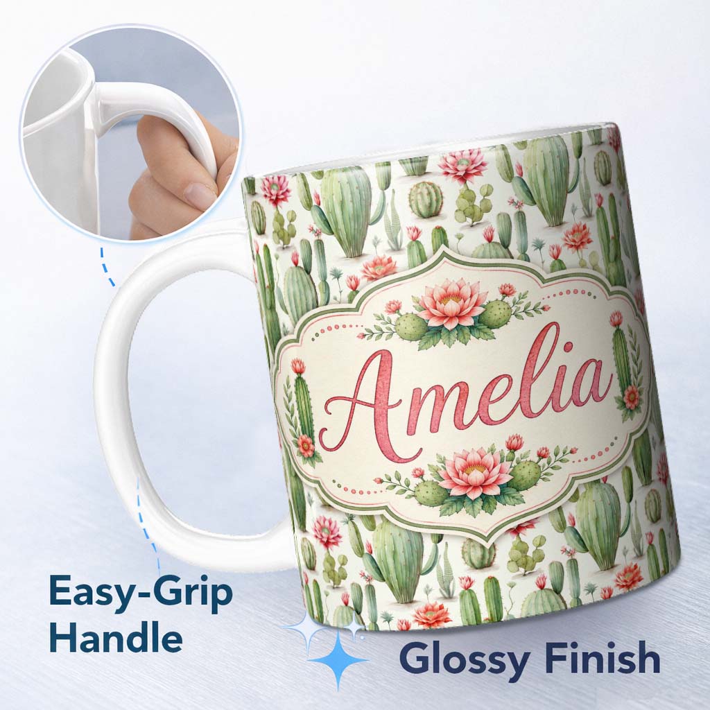 Personalized Custom Name Elegant Desert Cactus Blooming Flowers Botanical Seamless Pattern 11oz Ceramic Coffee Tea Mug White Large Handle