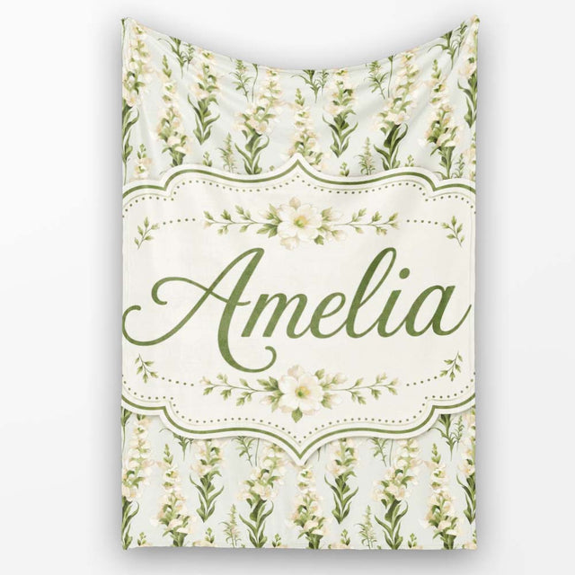 Cream White Floral Botanical Vertical Seamless Pattern Elegant  Personalised Custom Name Super Soft Fleece Blanket Bed Sofa Throw