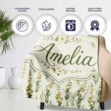 Cream White Floral Botanical Vertical Seamless Pattern Elegant  Personalised Custom Name Super Soft Fleece Blanket Bed Sofa Throw