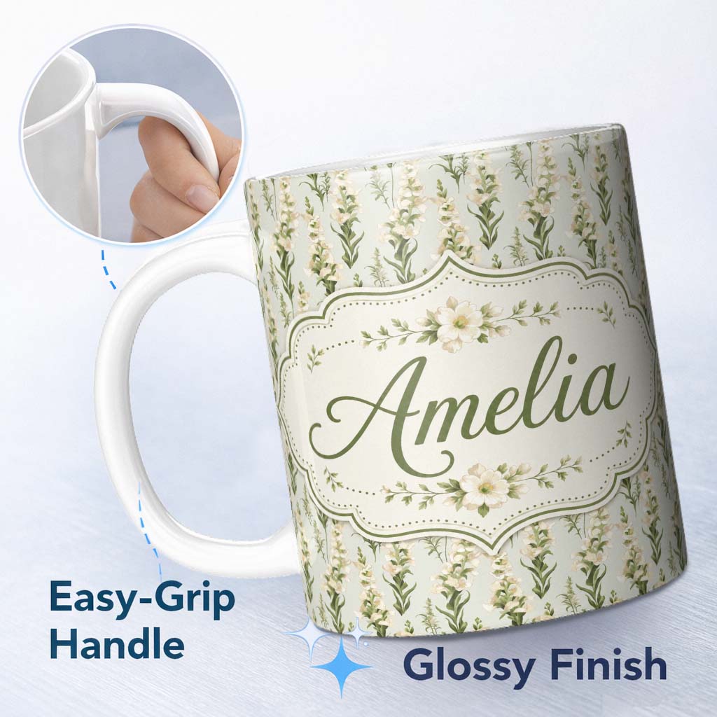 Personalized Custom Name Cream White Floral Botanical Vertical Seamless Pattern Elegant 11oz Ceramic Coffee Tea Mug White Large Handle