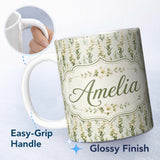 Personalized Custom Name Cream White Floral Botanical Vertical Seamless Pattern Elegant 11oz Ceramic Coffee Tea Mug White Large Handle