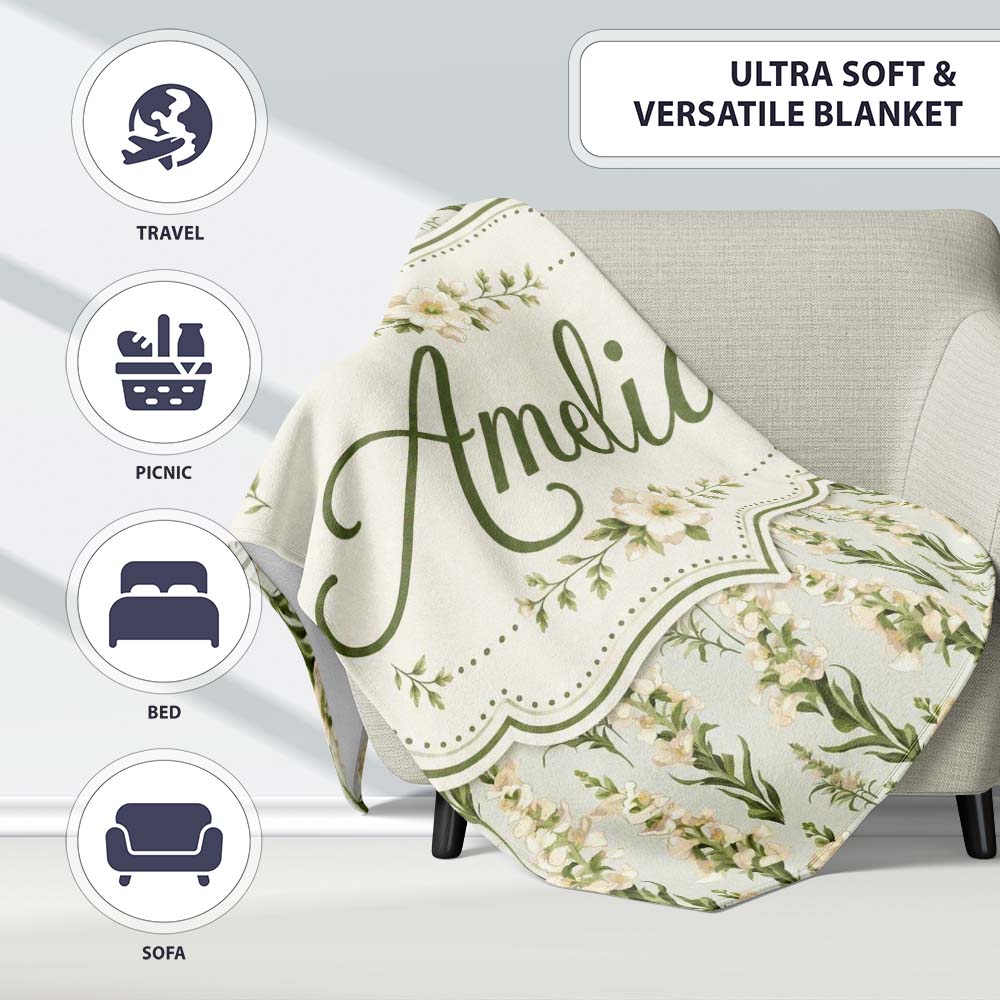 Cream White Floral Botanical Vertical Seamless Pattern Elegant  Personalised Custom Name Super Soft Fleece Blanket Bed Sofa Throw