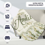 Cream White Floral Botanical Vertical Seamless Pattern Elegant  Personalised Custom Name Super Soft Fleece Blanket Bed Sofa Throw