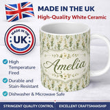 Personalized Custom Name Cream White Floral Botanical Vertical Seamless Pattern Elegant 11oz Ceramic Coffee Tea Mug White Large Handle