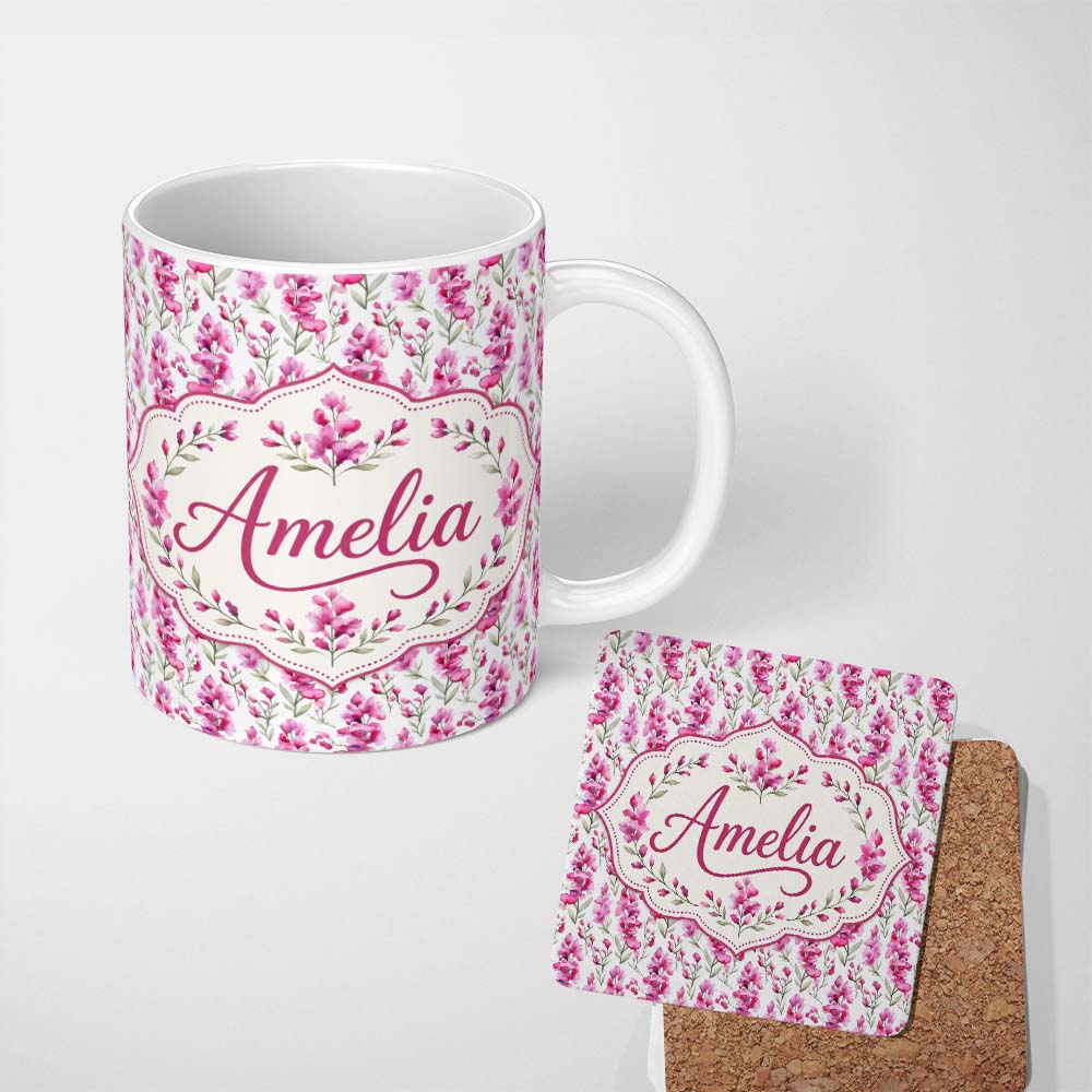 Personalized Custom Name Pink Watercolor Blossom Floral Seamless Pattern Soft Romantic 11oz Ceramic Coffee Tea Mug White Large Handle