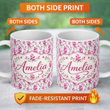 Personalized Custom Name Pink Watercolor Blossom Floral Seamless Pattern Soft Romantic 11oz Ceramic Coffee Tea Mug White Large Handle