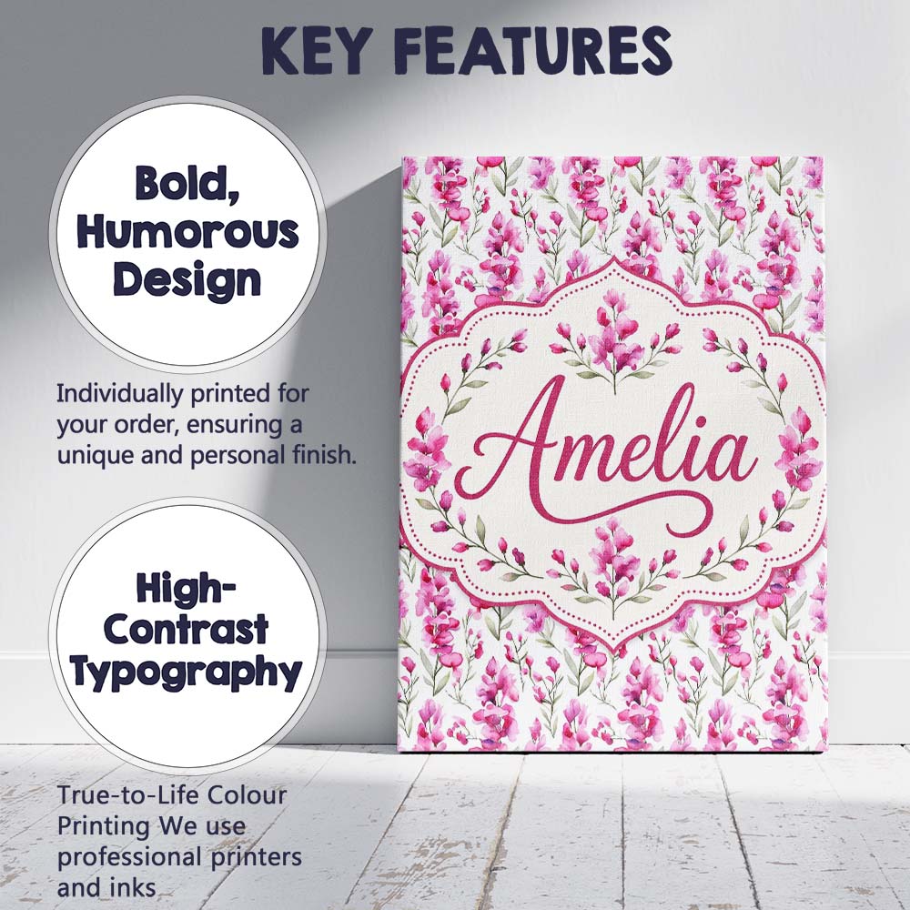 Personalised Name Pink Watercolor Blossom Custom  Unique Gift Idea Elegant Feature Canvas Wall Art Print Decor Picture Ready to Hang