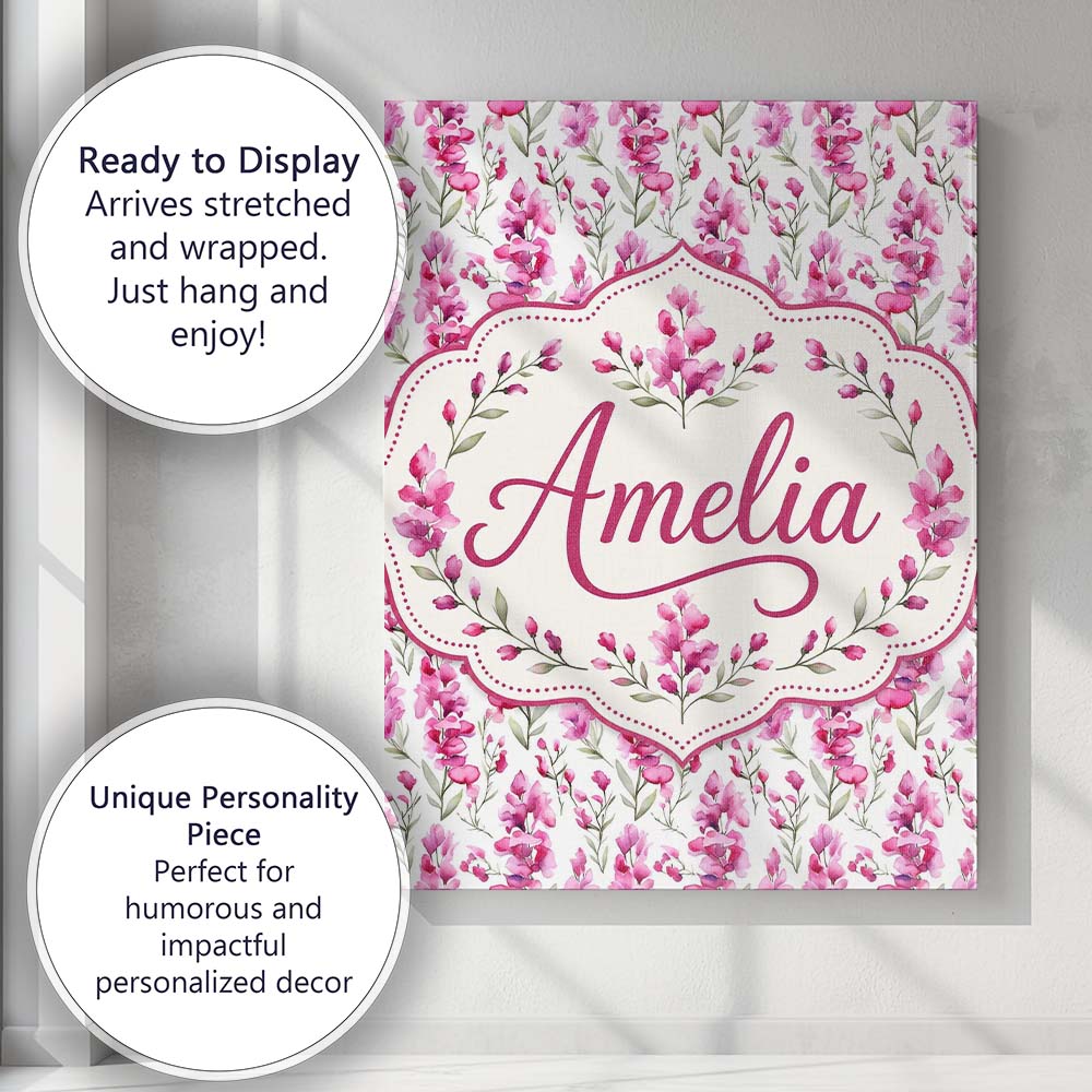 Personalised Name Pink Watercolor Blossom Custom  Unique Gift Idea Elegant Feature Canvas Wall Art Print Decor Picture Ready to Hang