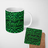 Personalized Custom Name Layered Green Square Abstract Geometric Seamless Pattern Lovely 11oz Ceramic Coffee Tea Mug White Large Handle