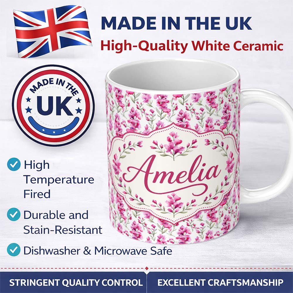 Personalized Custom Name Pink Watercolor Blossom Floral Seamless Pattern Soft Romantic 11oz Ceramic Coffee Tea Mug White Large Handle