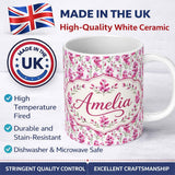 Personalized Custom Name Pink Watercolor Blossom Floral Seamless Pattern Soft Romantic 11oz Ceramic Coffee Tea Mug White Large Handle
