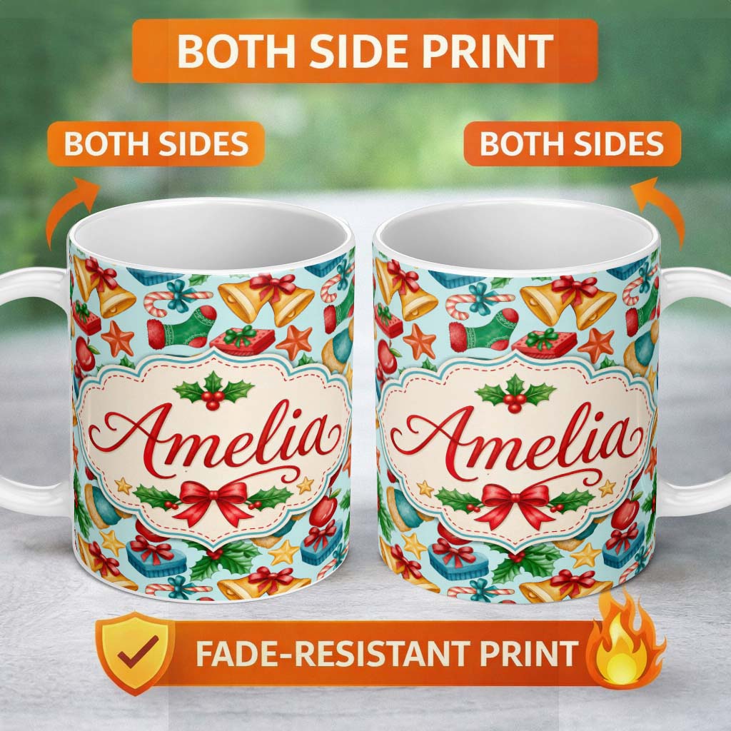 Personalized Custom Name Cute Christmas Bells Gift Sock Holly Apple Seamless Pattern Lovely 11oz Ceramic Coffee Tea Mug White Large Handle