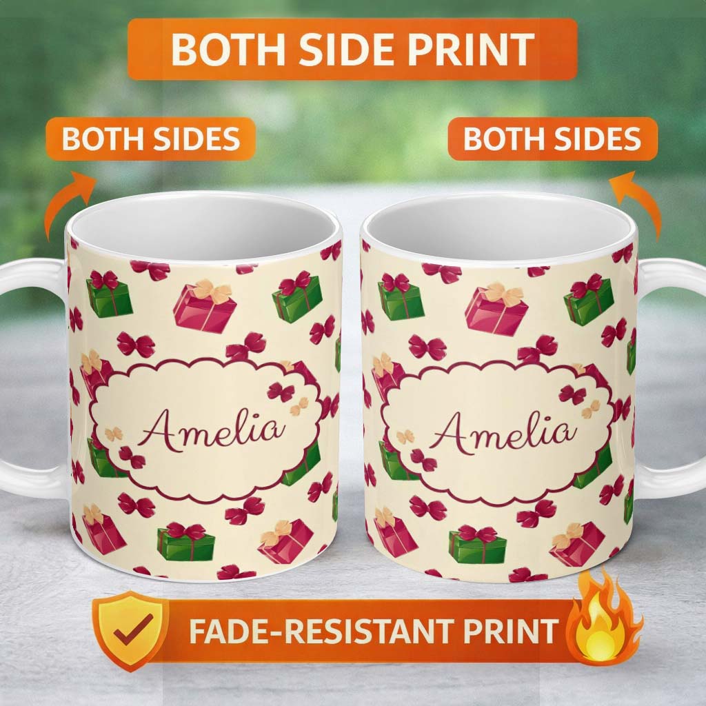 Personalized Custom Name Christmas Gift Boxes Bows Red Green Holiday Seamless Pattern Lovely 11oz Ceramic Coffee Tea Mug White Large Handle