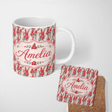 Personalized Custom Name Red Floral Botanical Vintage Style Seamless Pattern Elegant Name 11oz Ceramic Coffee Tea Mug White Large Handle