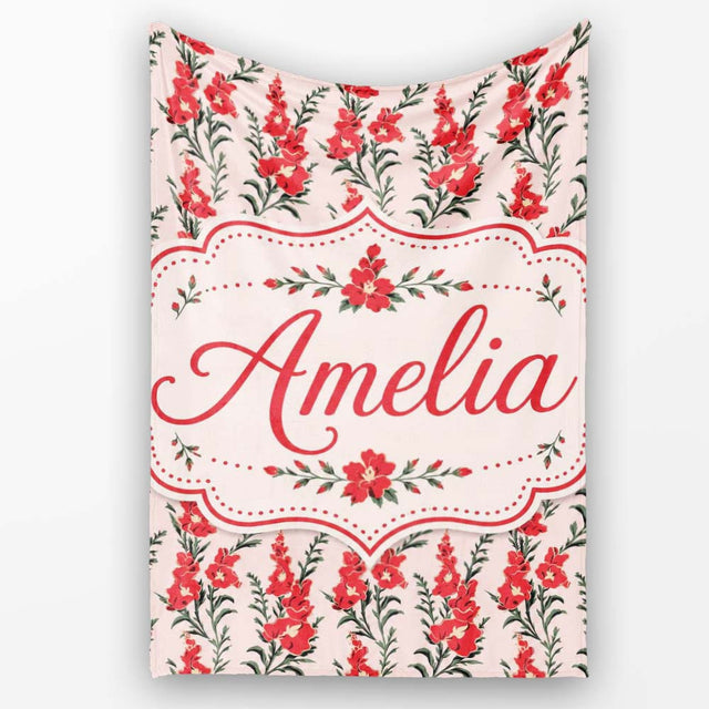 Red Floral Botanical Vintage Style Seamless Pattern Elegant Name  Personalised Custom Name Super Soft Fleece Blanket Bed Sofa Throw