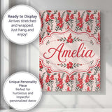 Personalised Name Red Floral Botanical Custom  Modern Room Accent Elegant Feature Canvas Wall Art Print Decor Picture Ready to Hang