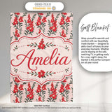 Red Floral Botanical Vintage Style Seamless Pattern Elegant Name  Personalised Custom Name Super Soft Fleece Blanket Bed Sofa Throw