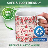 Personalized Custom Name Red Floral Botanical Vintage Style Seamless Pattern Elegant Name 11oz Ceramic Coffee Tea Mug White Large Handle