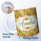 Personalized Custom Name Orange Wildflower Meadow Seamless Pattern Botanical Nature Design 11oz Ceramic Coffee Tea Mug White Large Handle