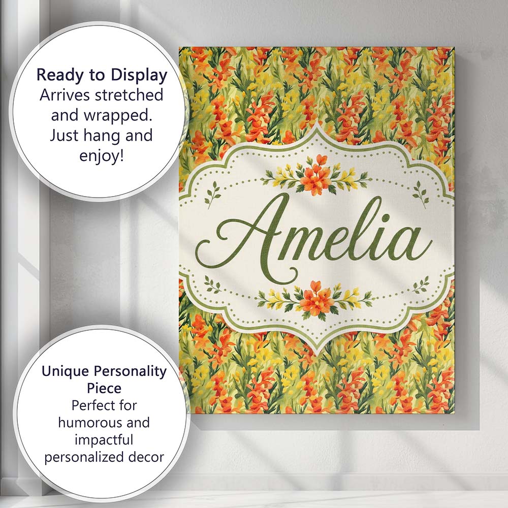 Personalised Name Orange Wildflower Meadow Custom  Unique Gift Idea Elegant Feature Canvas Wall Art Print Decor Picture Ready to Hang