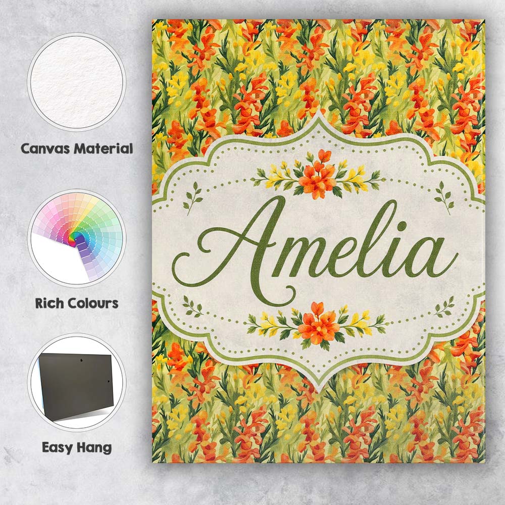 Personalised Name Orange Wildflower Meadow Custom  Unique Gift Idea Elegant Feature Canvas Wall Art Print Decor Picture Ready to Hang