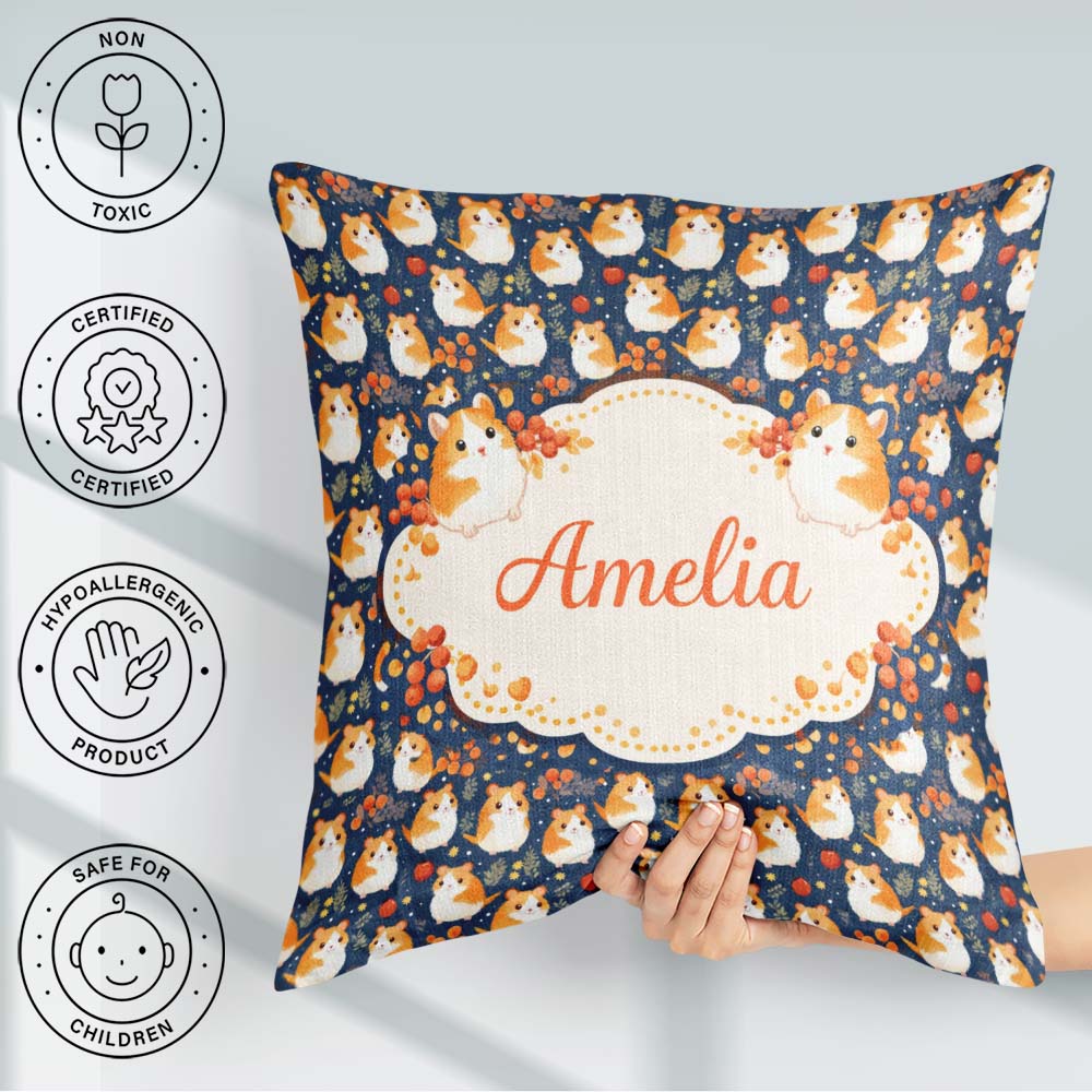 Custom Name Cute Hamster Floral Apple Garden Seamless Pattern Square Filled Cushion Throw Pillow Sofa Bed Home Decor Zip Washable UK Made