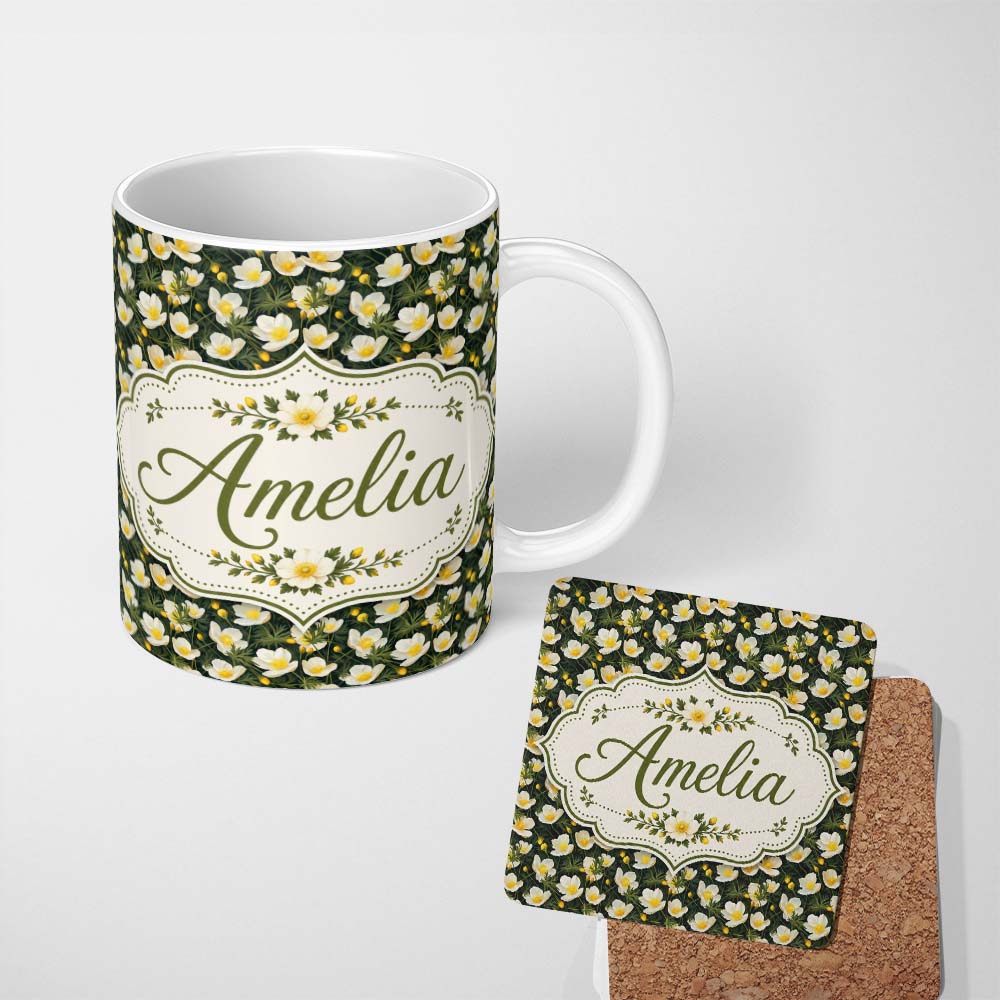 Personalized Custom Name White Buttercup Flowers Dark Green Botanical Seamless Pattern 11oz Ceramic Coffee Tea Mug White Large Handle