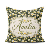Custom Name White Buttercup Flowers Dark Green Botanical Pattern Square Filled Cushion Throw Pillow Sofa Bed Home Decor Zip Washable UK Made