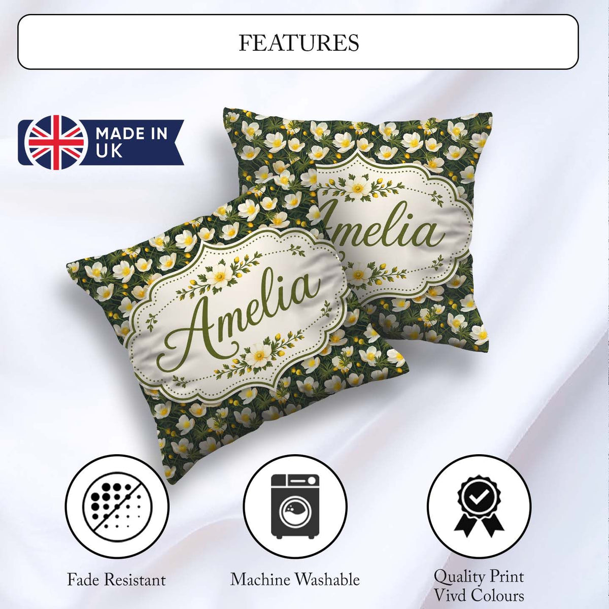 Custom Name White Buttercup Flowers Dark Green Botanical Pattern Square Filled Cushion Throw Pillow Sofa Bed Home Decor Zip Washable UK Made
