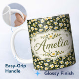 Personalized Custom Name White Buttercup Flowers Dark Green Botanical Seamless Pattern 11oz Ceramic Coffee Tea Mug White Large Handle
