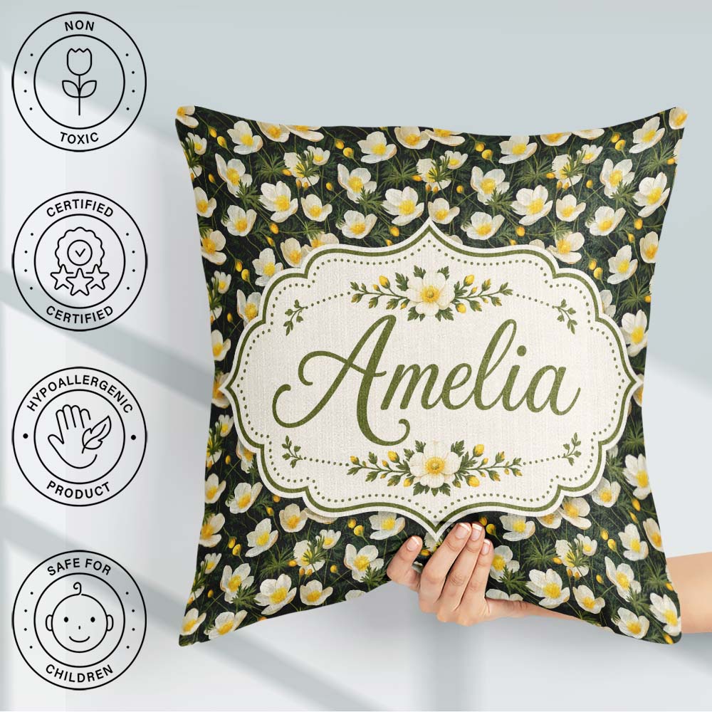 Custom Name White Buttercup Flowers Dark Green Botanical Pattern Square Filled Cushion Throw Pillow Sofa Bed Home Decor Zip Washable UK Made