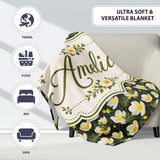 White Buttercup Flowers Dark Green Botanical Seamless Pattern  Personalised Custom Name Super Soft Fleece Blanket Bed Sofa Throw