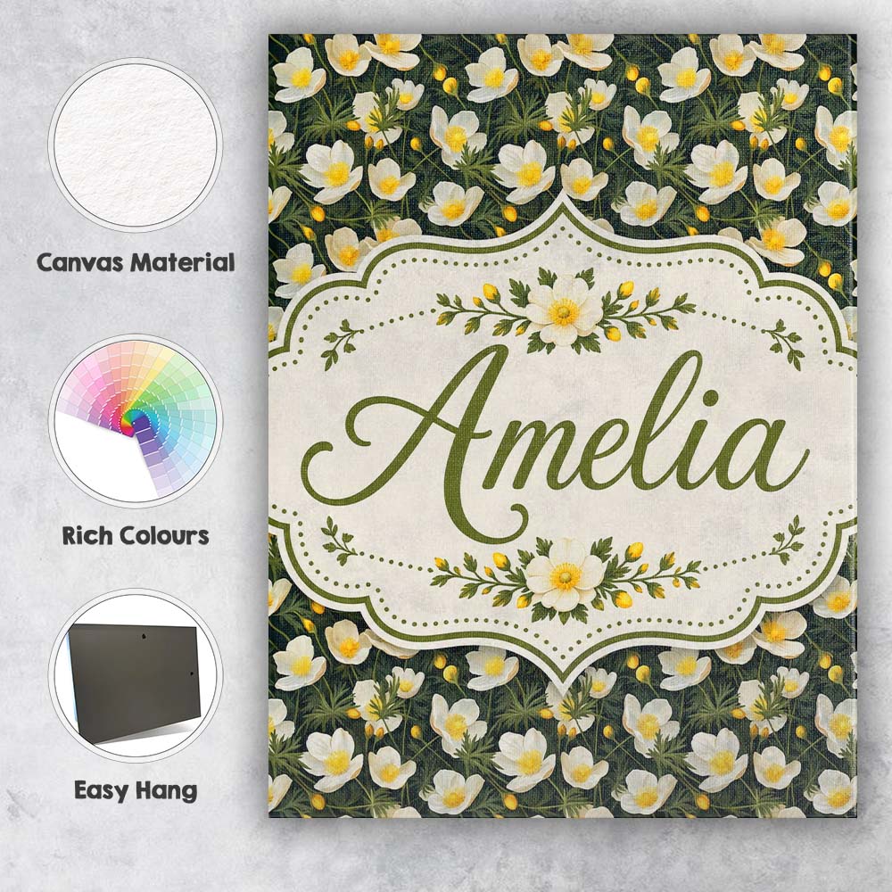 Personalised Name White Buttercup Flowers Custom  Unique Gift Idea Elegant Feature Canvas Wall Art Print Decor Picture Ready to Hang