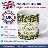Personalized Custom Name White Buttercup Flowers Dark Green Botanical Seamless Pattern 11oz Ceramic Coffee Tea Mug White Large Handle