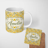 Personalized Custom Name Yellow Poppy Blossom Floral Seamless Pattern Soft Garden Design 11oz Ceramic Coffee Tea Mug White Large Handle