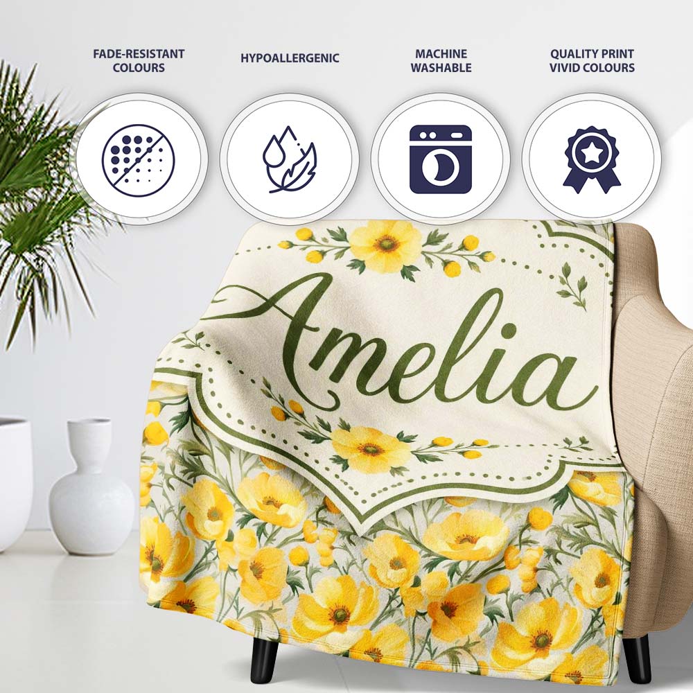 Yellow Poppy Blossom Floral Seamless Pattern Soft Garden Design  Personalised Custom Name Super Soft Fleece Blanket Bed Sofa Throw
