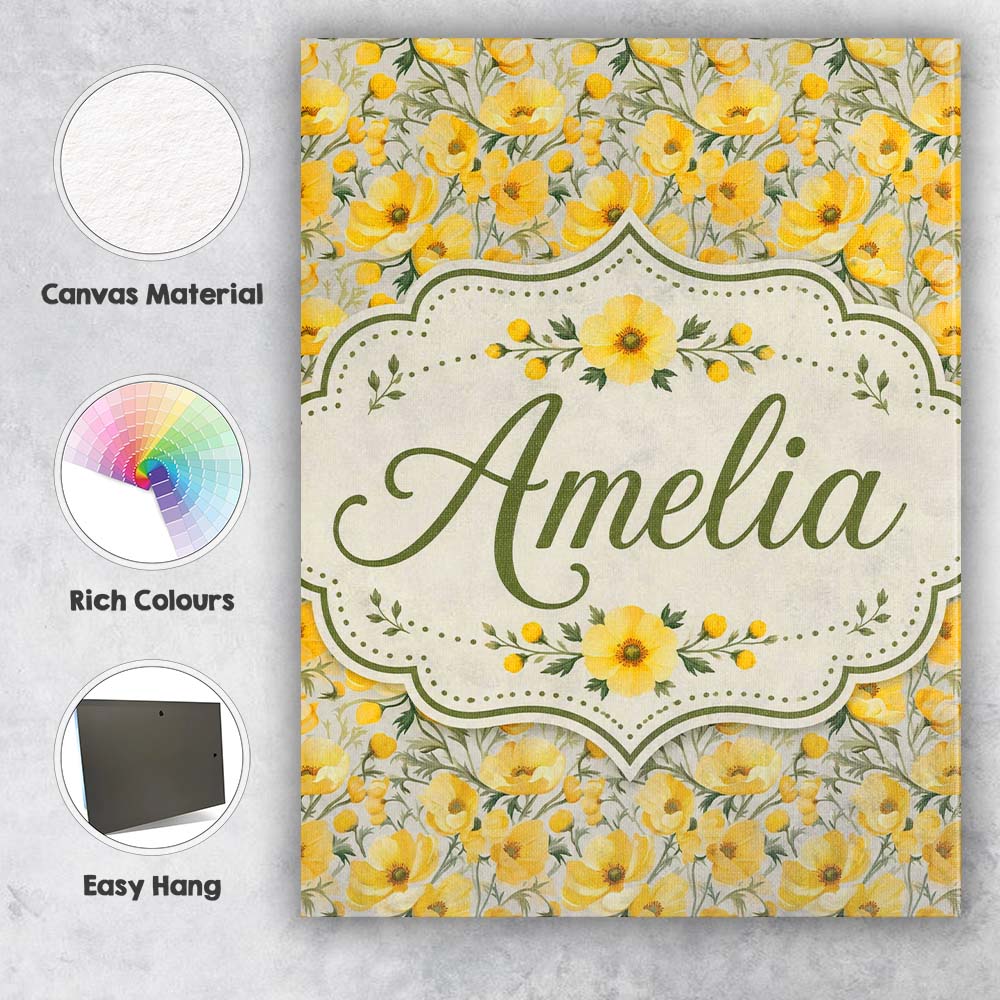 Personalised Name Yellow Poppy Blossom Custom  Modern Room Accent Elegant Feature Canvas Wall Art Print Decor Picture Ready to Hang