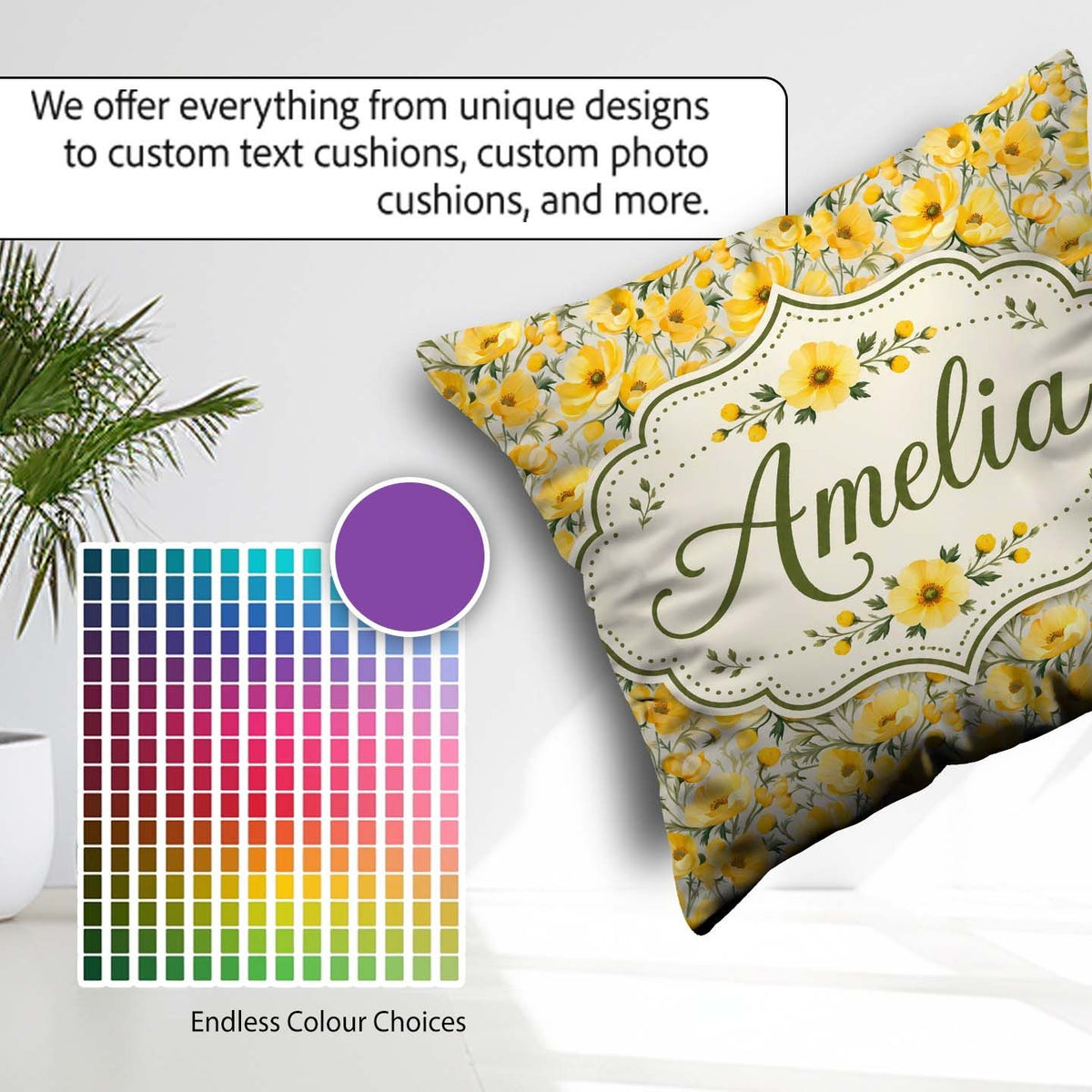 Custom Name Yellow Blossom Floral Seamless Pattern Garden Design Square Filled Cushion Throw Pillow Sofa Bed Home Decor Zip Washable UK Made