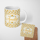 Personalized Custom Name Minimal Yellow Daisy Floral Seamless Pattern Simple Modern Style 11oz Ceramic Coffee Tea Mug White Large Handle