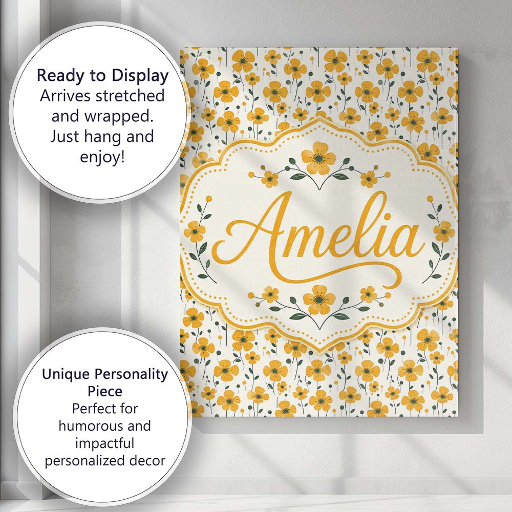 Personalised Name Minimal Yellow Daisy Custom  Modern Room Accent Elegant Feature Canvas Wall Art Print Decor Picture Ready to Hang