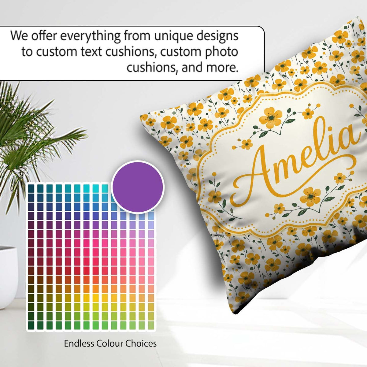 Custom Name Minimal Yellow Floral Seamless Pattern Simple Modern Square Filled Cushion Throw Pillow Sofa Bed Home Decor Zip Washable UK Made