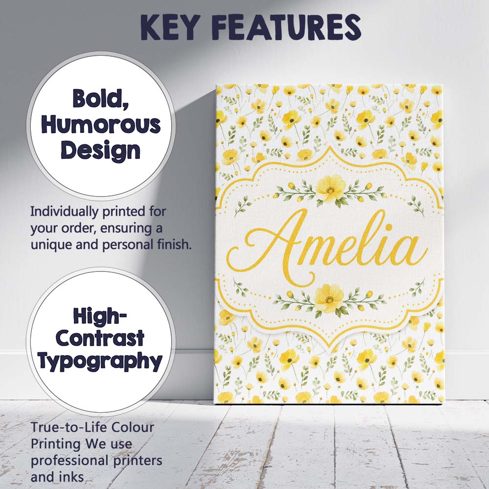 Personalised Name Soft Yellow Wildflower Custom  Unique Gift Idea Elegant Feature Canvas Wall Art Print Decor Picture Ready to Hang