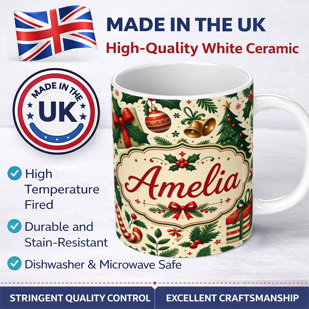 Personalized Custom Name Christmas Stocking Holly Bell Gift Festive Seamless Pattern Lovely 11oz Ceramic Coffee Tea Mug White Large Handle