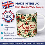 Personalized Custom Name Christmas Stocking Holly Bell Gift Festive Seamless Pattern Lovely 11oz Ceramic Coffee Tea Mug White Large Handle
