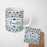 Personalized Custom Name Blue Yellow Floral Vintage Seamless Pattern Elegant Botanical Style 11oz Ceramic Coffee Tea Mug White Large Handle